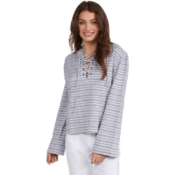 Roxy Poncho Hoodie Womens S Blue Striped Cabo Trip‎ Lace Up Shirt Coastal Boho - Picture 1 of 13